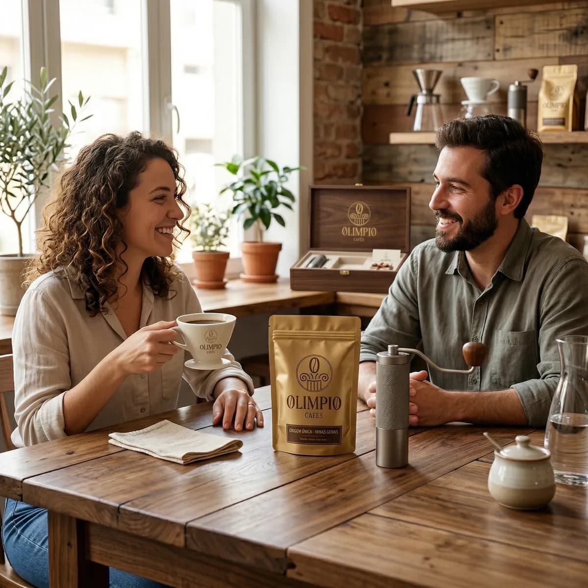 Two people enjoying Olimpio specialty coffee