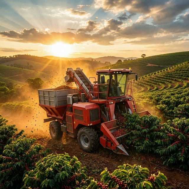 Coffee harvester machine at sunset